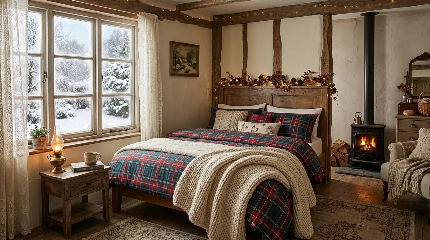 Bring in wood and natural materials for seasonal grounding inspiration for a winter bedroom.